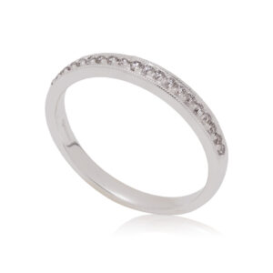 A platinum round brilliant cut diamond millegrain set half eternity ring.