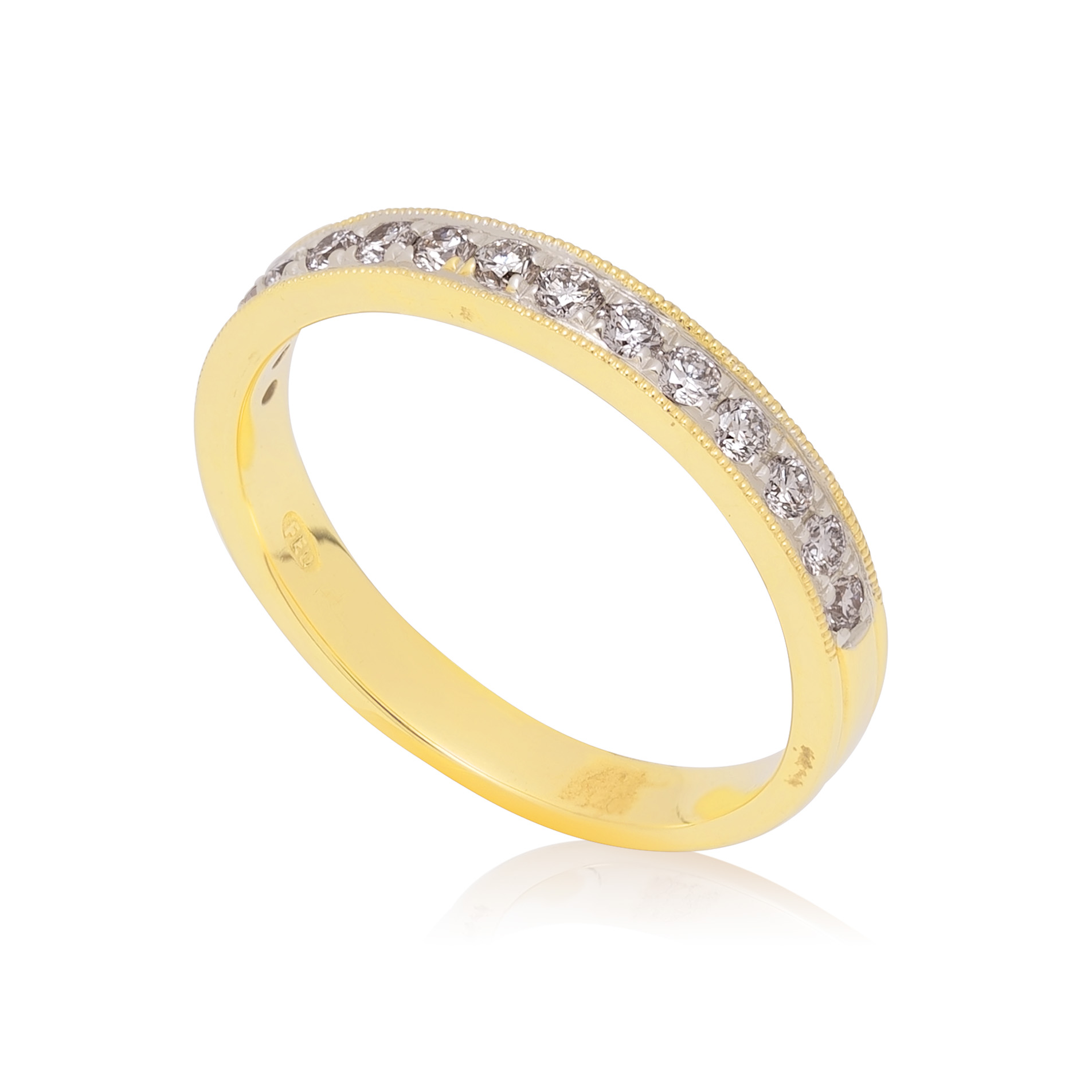 An 18ct yellow gold round brilliant cut diamond millegrain set half eternity ring, containing twenty diamonds.
