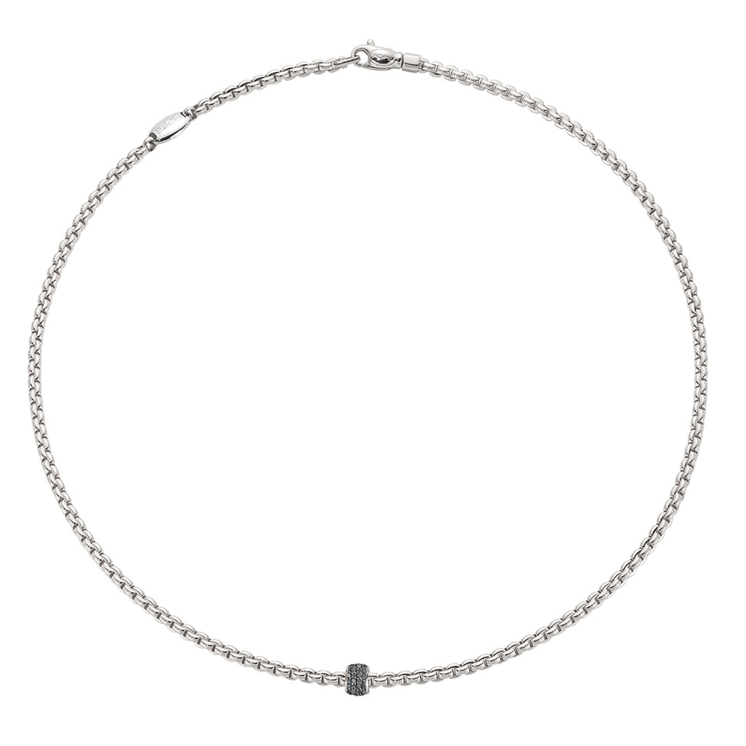 An 18ct white gold Flex'It necklace with a single white gold black diamond set rondel, belonging to FOPE's EKA collection.
