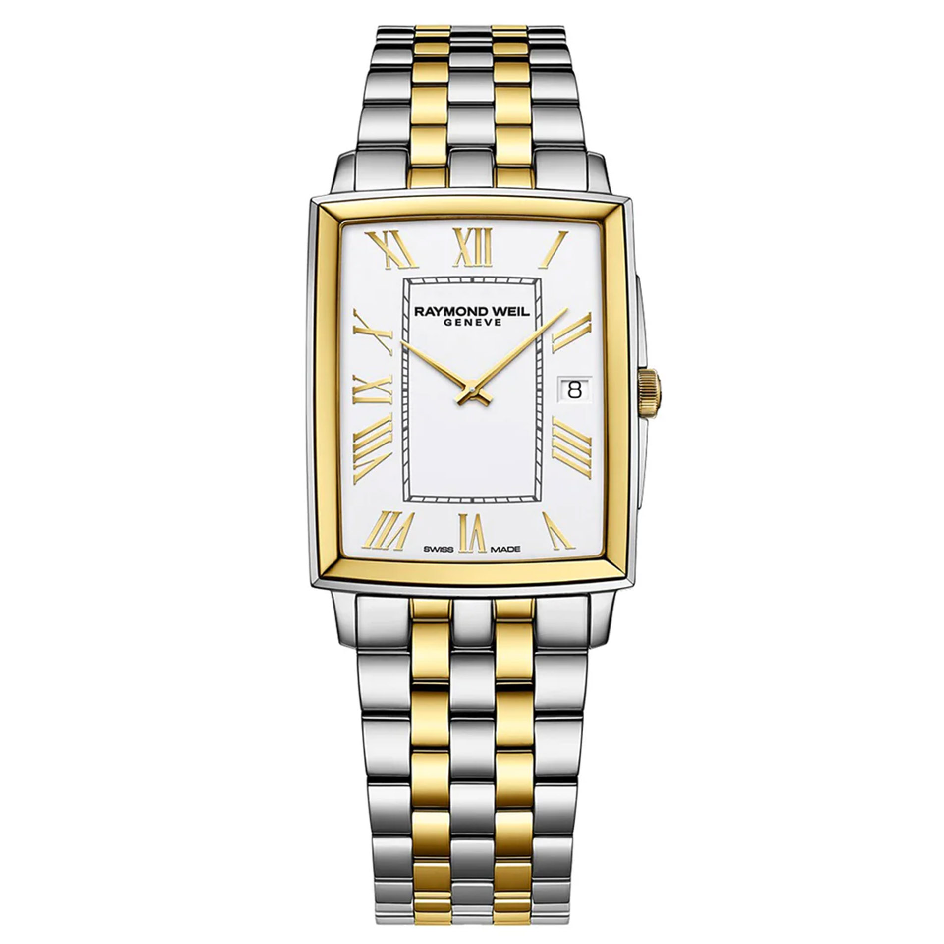 Raymond Weil, Toccata White Bi-Colour with a 37mm stainless steel and yellow gold PVD coated rectangular case and bracelet strap featuring a date function and a white dial.