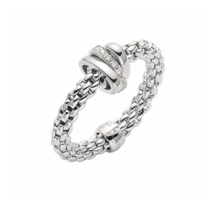 An 18ct white gold 'Flex'It' ring with two white gold polished rondels and one white gold pavé diamond set rondel, belonging to FOPE's Prima collection.