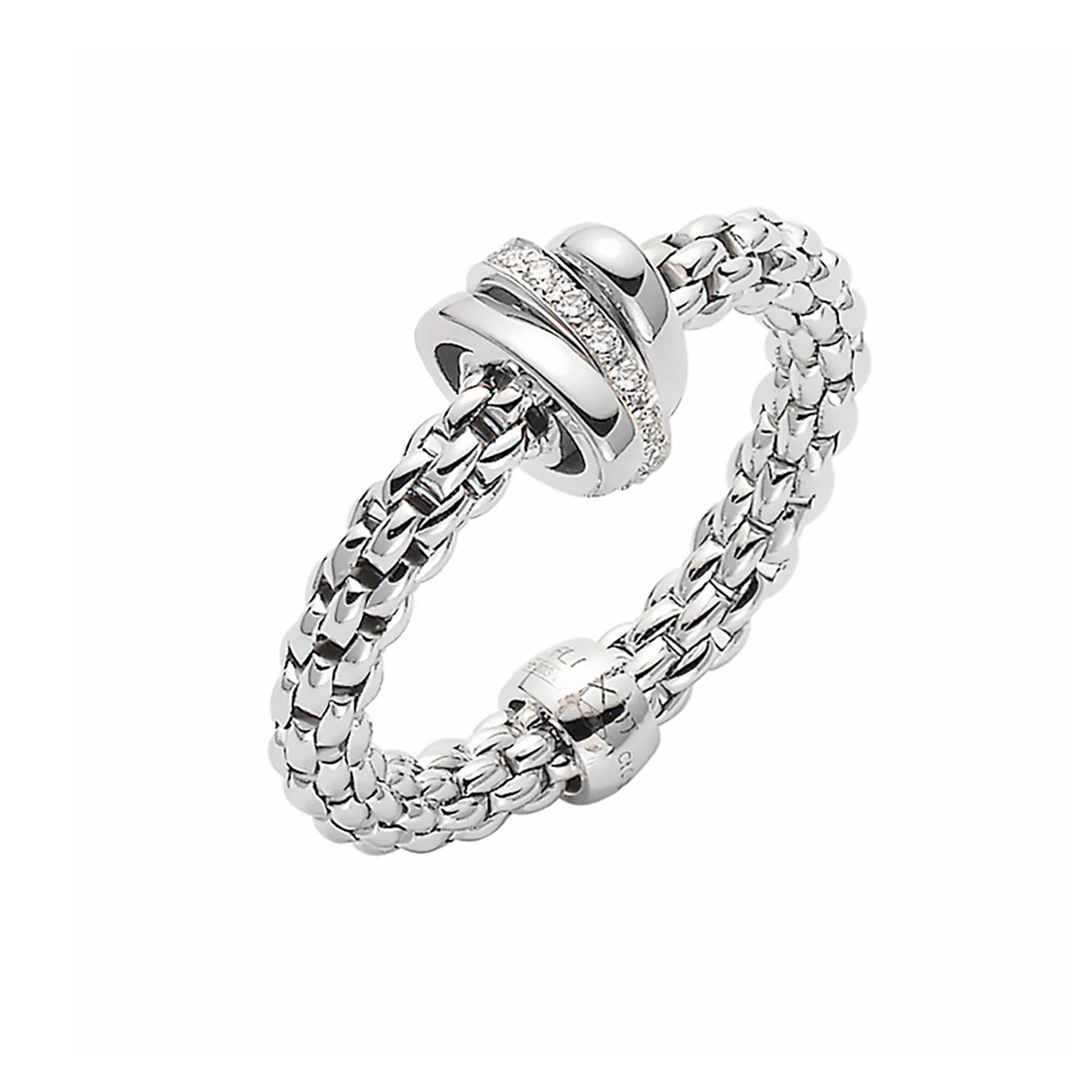 0719458.jpg An 18ct white gold 'Flex'It' ring with two white gold polished rondels and one white gold pavé diamond set rondel, belonging to FOPE's Prima collection.