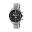 Gucci Interlocking with a 41mm stainless steel case and a bracelet strap featuring a chronograph and a black dial and bezel.