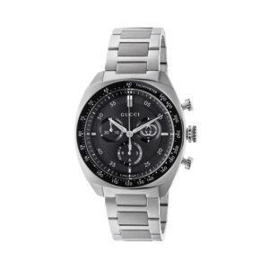 Gucci Interlocking with a 41mm stainless steel case and a bracelet strap featuring a chronograph and a black dial and bezel.