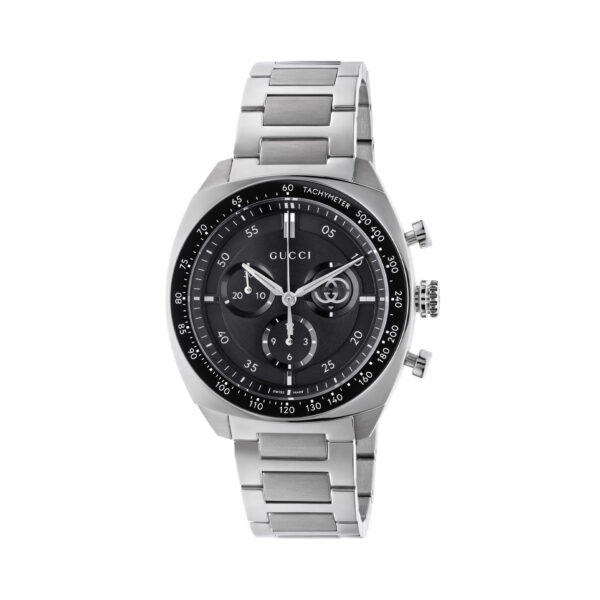 Gucci Interlocking with a 41mm stainless steel case and a bracelet strap featuring a chronograph and a black dial and bezel.