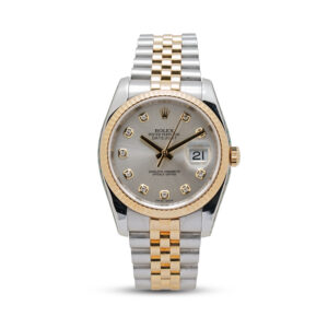 Rolex, Datejust Oyster Perpetual with a 36mm yellow Rolessor case and Jubilee bracelet featuring a date function, fluted bezel and a silver diamond set dial.