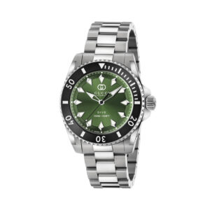 Gucci Dive with a 40mm stainless steel case and bracelet strap featuring a green dial and a black bezel.