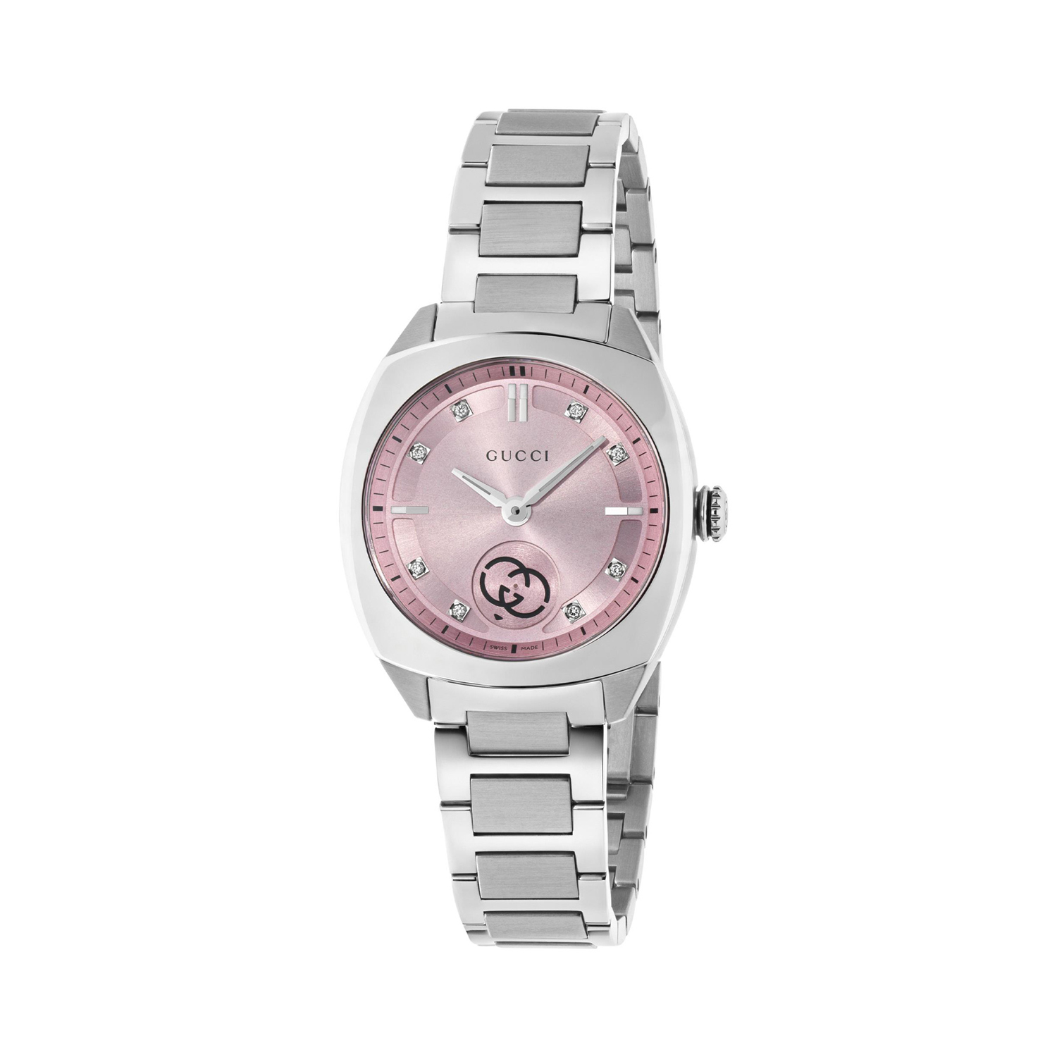 Gucci Interlocking with a 29mm stainless steel case and bracelet strap featuring a small seconds display and a diamond set pink dial.