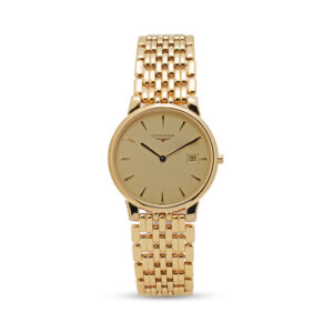 Longines, La Grande Classique with a 33mm gold plated case and bracelet strap featuring a date function on a champagne coloured dial. Supplied with original box and guarantee dated 1999.