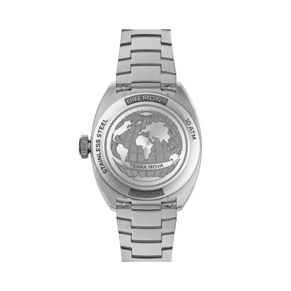 Bremont Terra Nova with a 38mm stainless steel case and bracelet strap featuring a black arabic numeral dial.