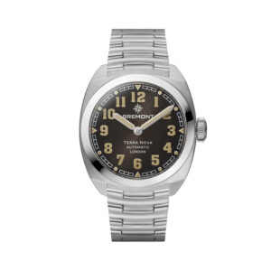 Bremont Terra Nova with a 38mm stainless steel case and bracelet strap featuring a black arabic numeral dial.