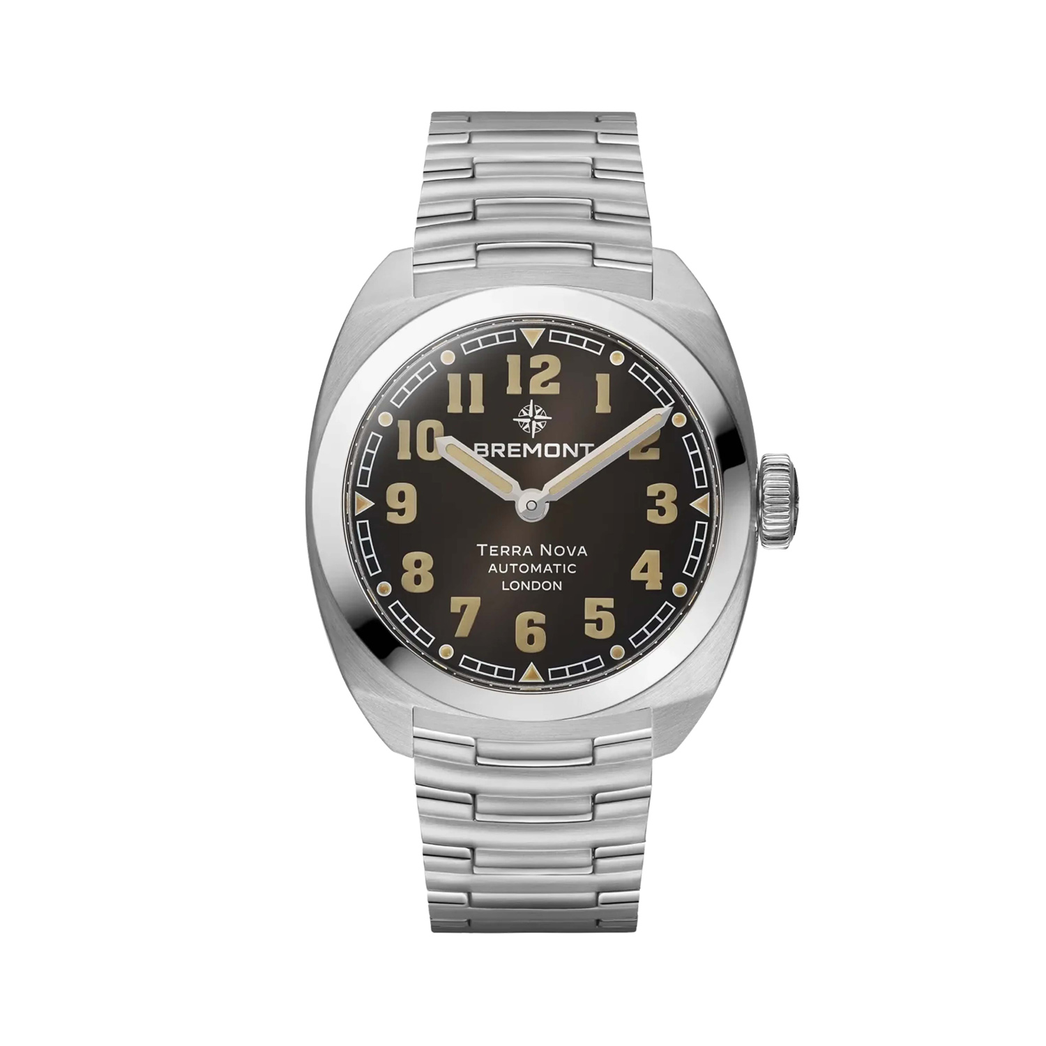 000-1672.jpg Bremont Terra Nova with a 38mm stainless steel case and bracelet strap featuring a black arabic numeral dial.
