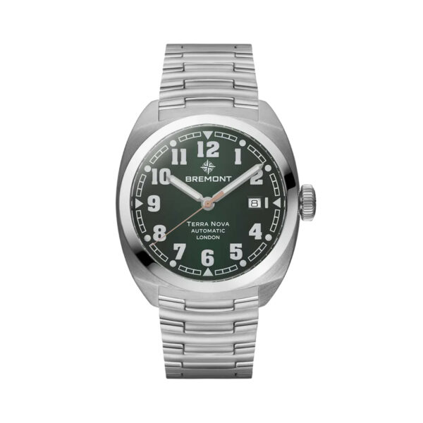 Bremont, Terra Nova with a 40.5mm stainless steel case and bracelet strap featuring a date function and a green arabic numeral dial.