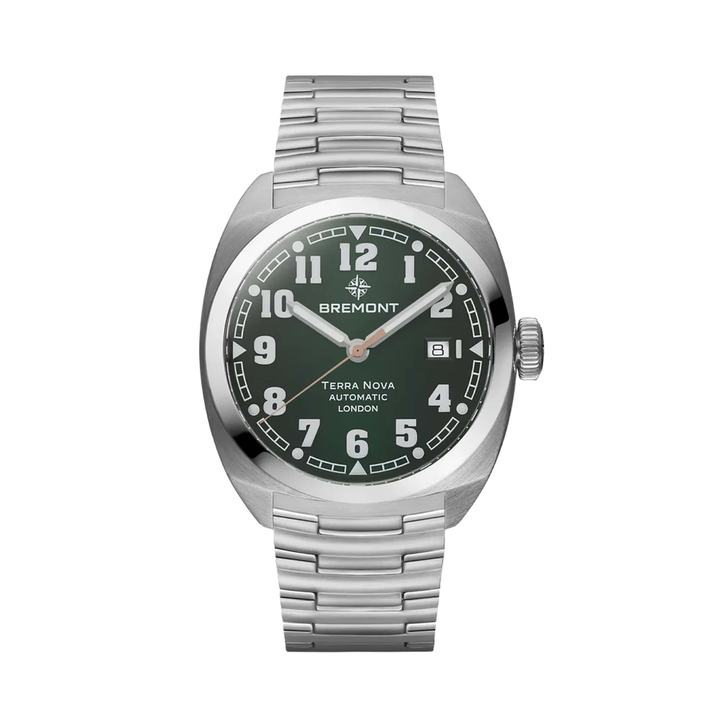000-1673.jpg Bremont, Terra Nova with a 40.5mm stainless steel case and bracelet strap featuring a date function and a green arabic numeral dial.