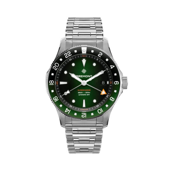 Bremont, Supermarine 'Tundra Green' GMT with a 40mm stainless steel case and bracelet strap featuring a date and GMT function and a green dial and green and black bezel.