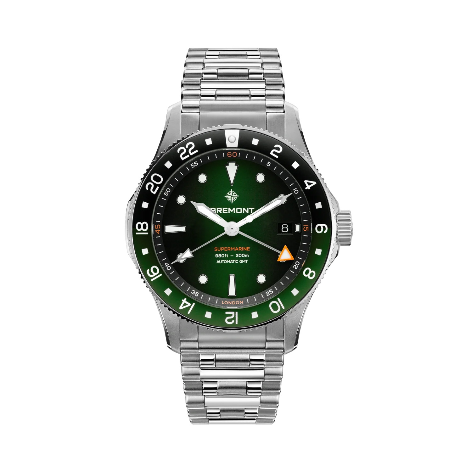29-40-00103853 Bremont, Supermarine 'Tundra Green' GMT with a 40mm stainless steel case and bracelet strap featuring a date and GMT function and a green dial and green and black bezel.