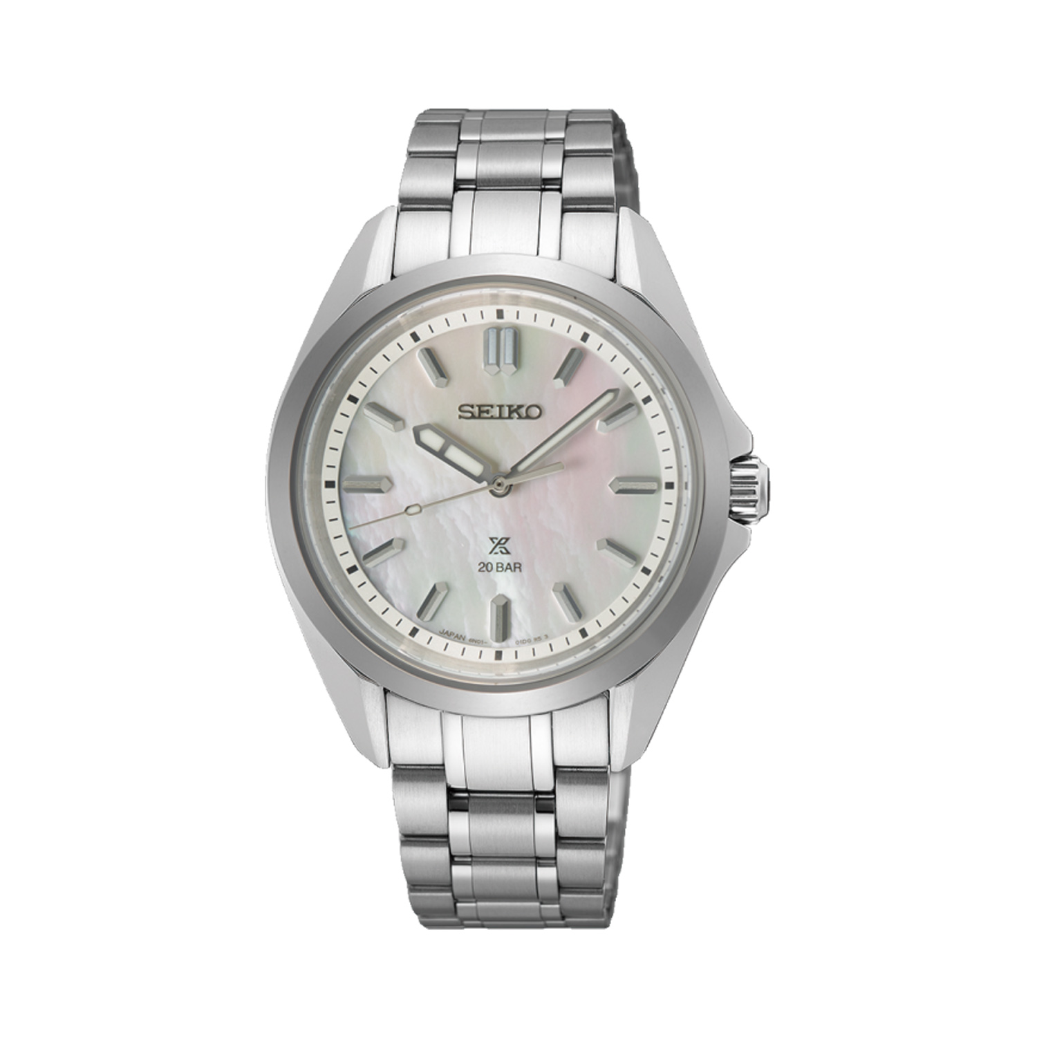 Seiko, Prospex Marine Sports in Seafoam White with a 34mm stainless steel case and bracelet strap featuring a white mother of pearl dial.