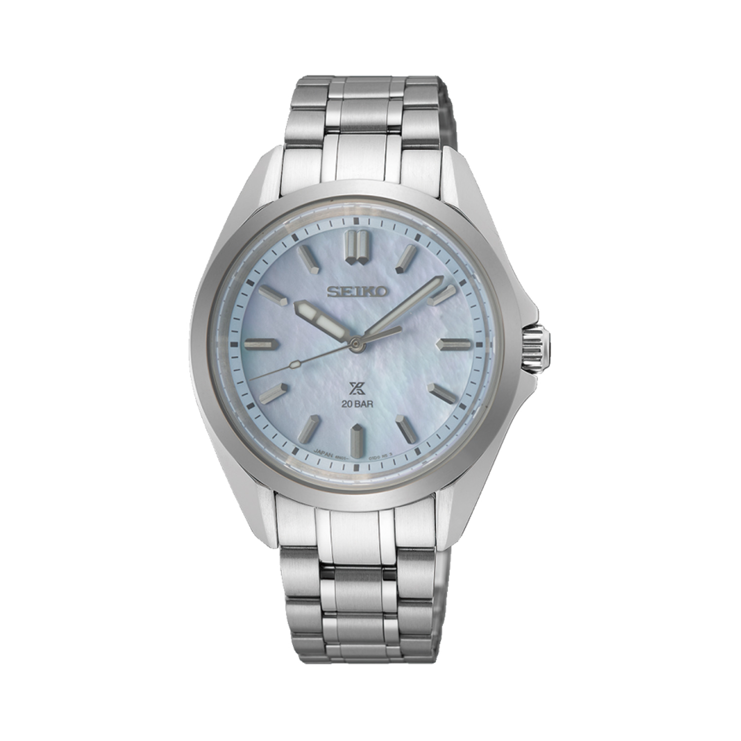 Seiko, Prospex Marine Sports in Aqua Blue with a 34mm stainless steel case and bracelet strap featuring a mother of pearl dial.