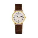 Herbelin, Classique White with a 28mm stainless steel yellow gold PVD coated case and a brown leather strap featuring a date function and a white dial.
