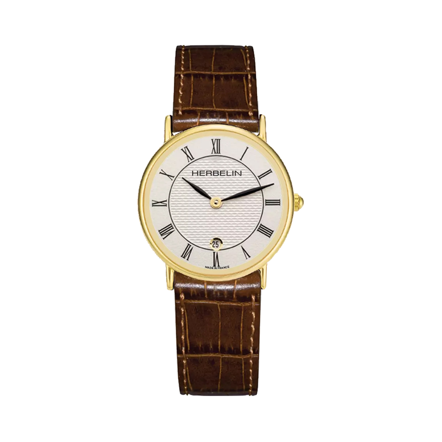 35-24-00103856 Herbelin, Classique White with a 28mm stainless steel yellow gold PVD coated case and a brown leather strap featuring a date function and a white dial.