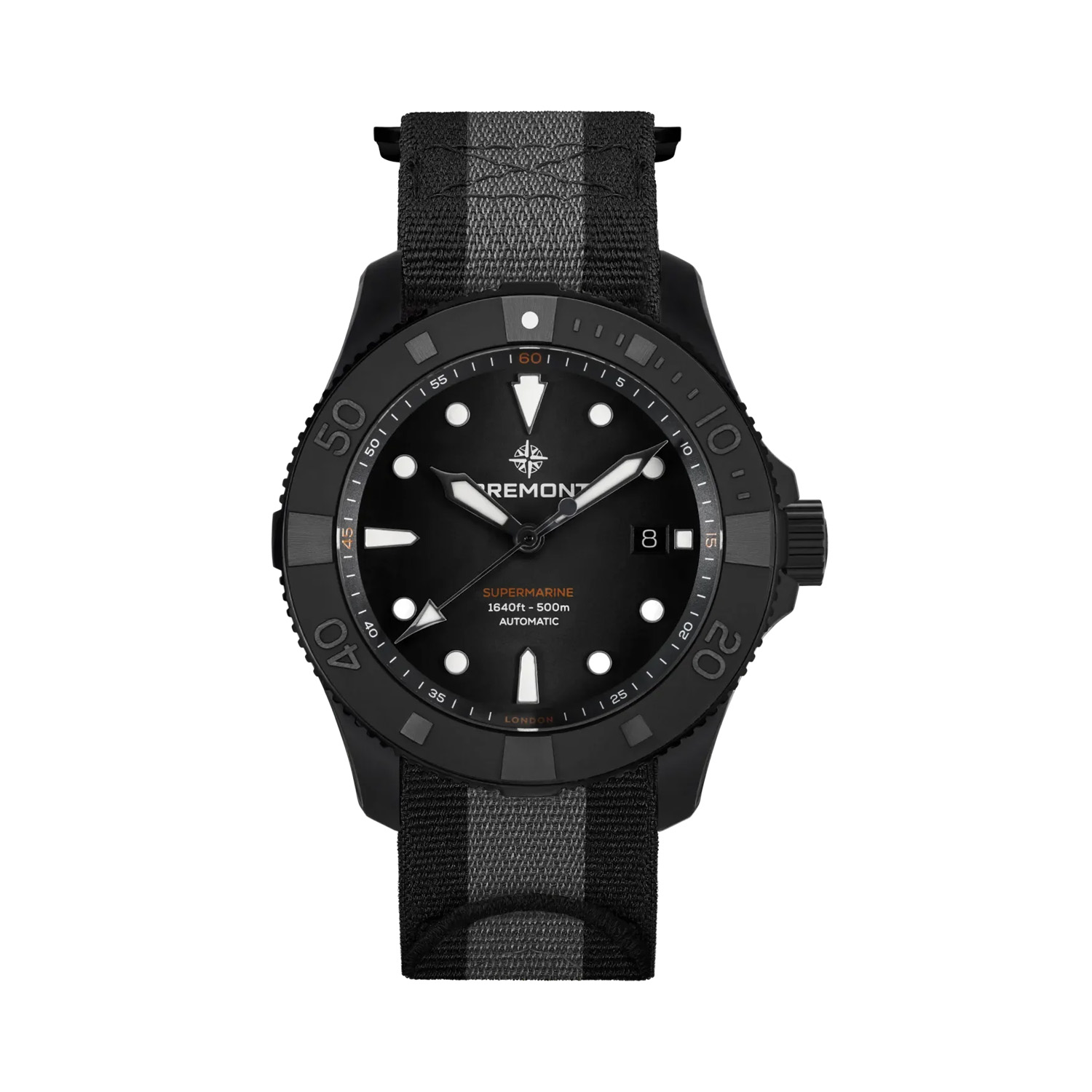 Bremont, Supermarine Full Ceramic Tactical Black with a 43mm black ceramic and titanium case and a black NATO strap featuring a date function and a black dial and bezel.