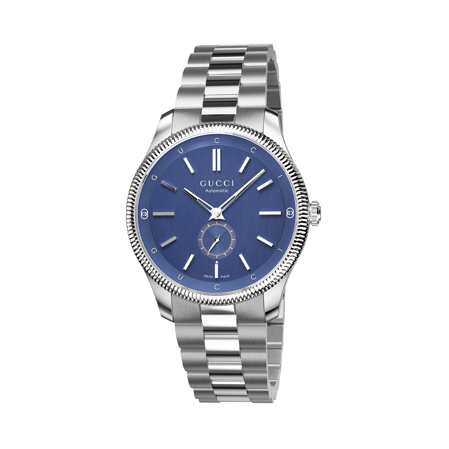 29-05-00102827 Gucci G-Timeless with a 40mm stainless steel case and bracelet strap featuring a a small seconds display and a blue dial.