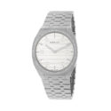 Gucci 25H with a 34mm stainless steel case and bracelet strap featuring a white coloured brass dial and a diamond set bezel.