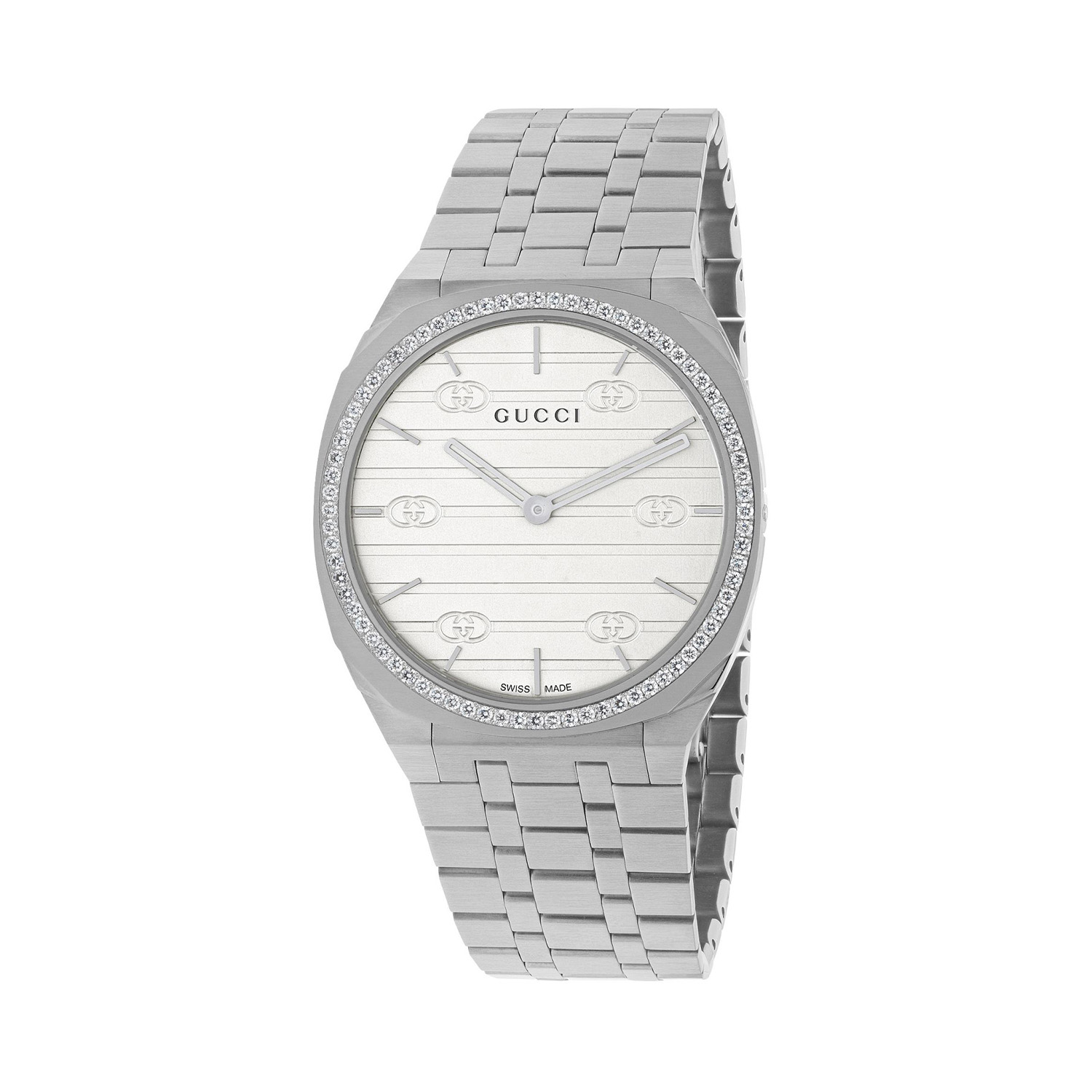 Gucci 25H with a 34mm stainless steel case and bracelet strap featuring a white coloured brass dial and a diamond set bezel.