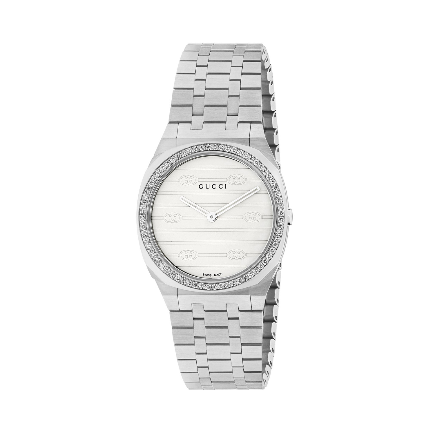 Gucci 25H with a 30mm stainless steel case and bracelet strap featuring a white coloured brass dial.