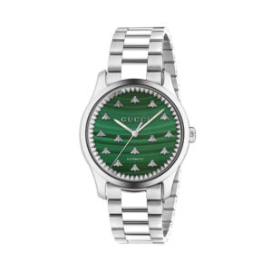 Gucci G-Timeless with a 38mm stainless steel case and bracelet strap featuring a green bee dial.
