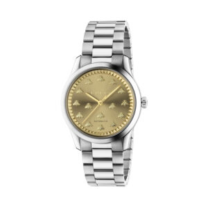 Gucci, G-Timeless with a 38mm stainless steel case and bracelet strap featuring a gold coloured sunbrushed brass bee dial.