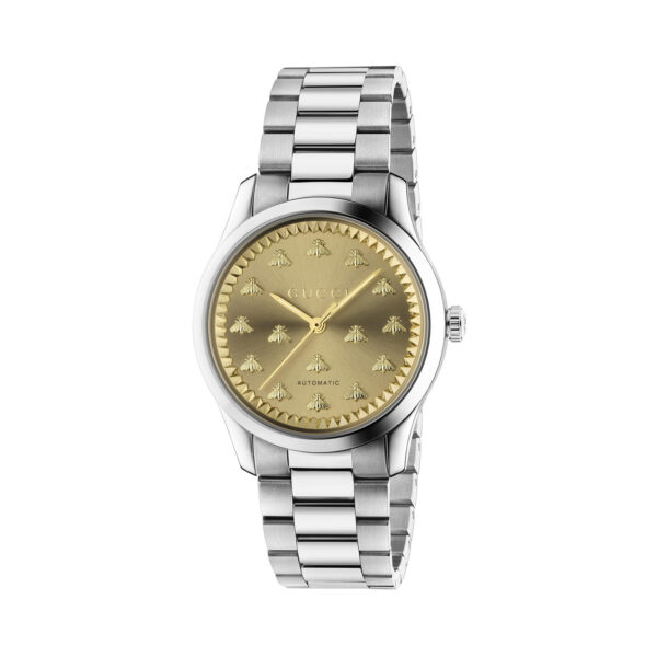 Gucci, G-Timeless with a 38mm stainless steel case and bracelet strap featuring a gold coloured sunbrushed brass bee dial.