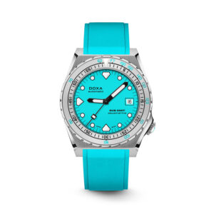 DOXA 600T, Aquamarine with a 40mm stainless steel case and an aquamarine rubber strap featuring a date function and an aqumarine dial with a silver and aquamarine steel bezel.