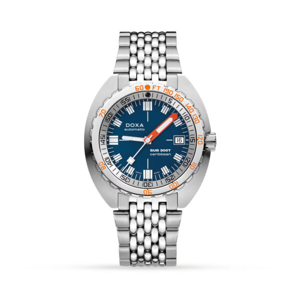 DOXA SUB 300T, Caribbean with a 42.5mm stainless steel case and bracelet strap featuring a date function and a blue dial with a silver and orange steel bezel.