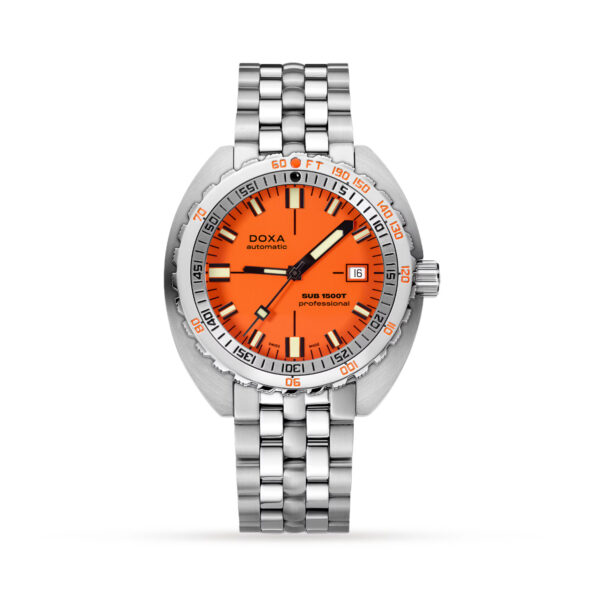 DOXA SUB 1500T, Professional with a 45mm stainless steel case and bracelet strap featuring a date function and an orange dial with a silver and orange steel bezel.