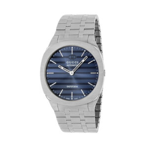 Gucci 25H with a 40mm stainless steel case and bracelet strap featuring a blue sunbrushed dial with the Interlocking G emblem.