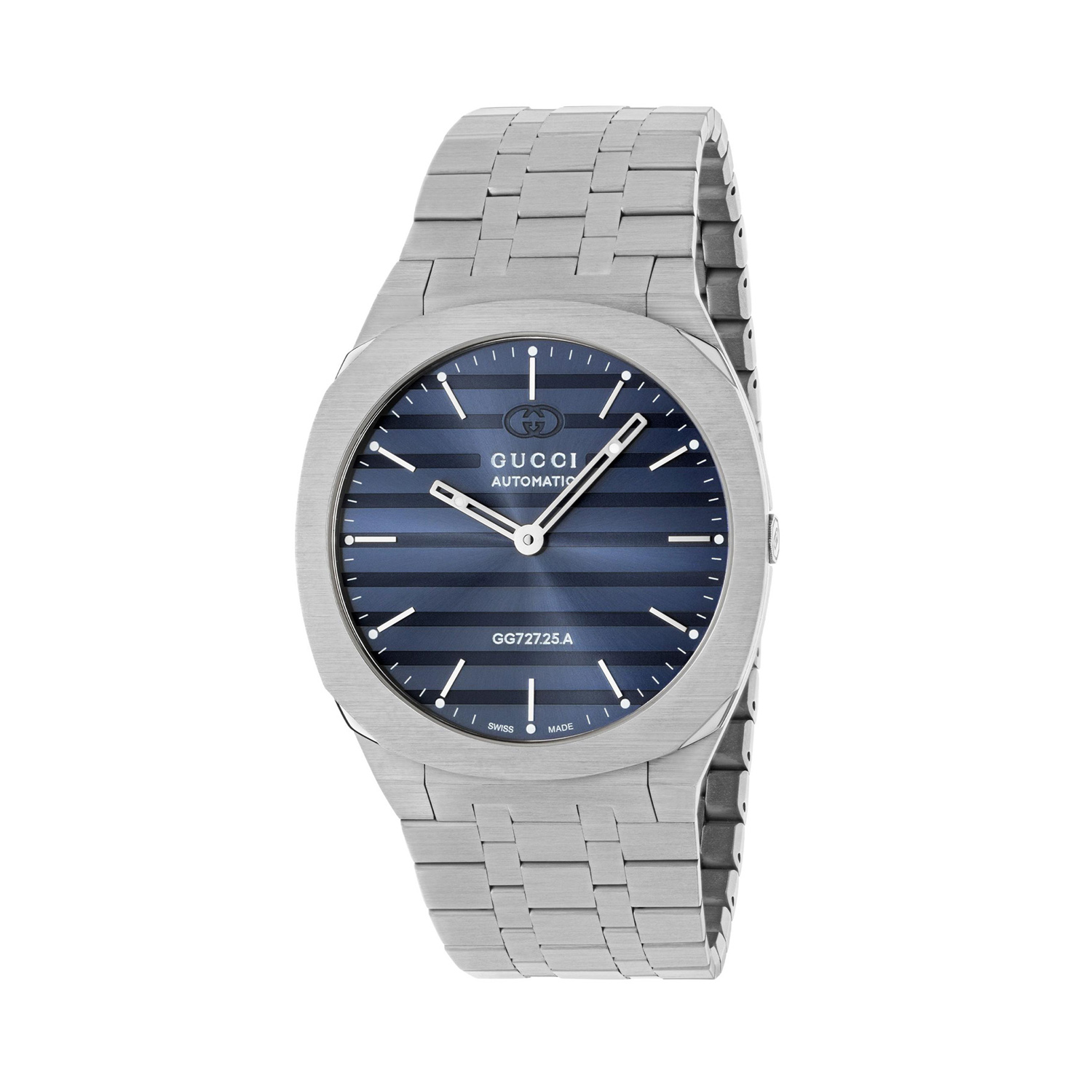 29-05-01103128 Gucci 25H with a 40mm stainless steel case and bracelet strap featuring a blue sunbrushed dial with the Interlocking G emblem.