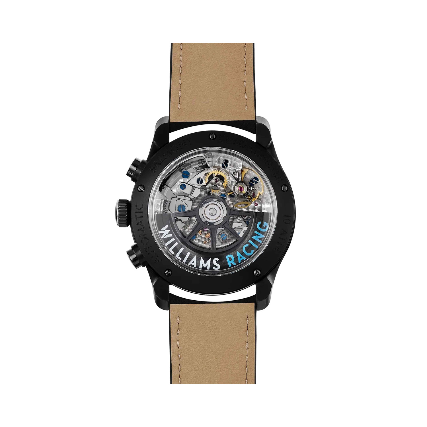 Bremont, WR-45 Williams Racing Limited Edition with a 43mm stainless steel case with a black Alcantara strap featuring a date function, chronograph with a black dial and bezel.