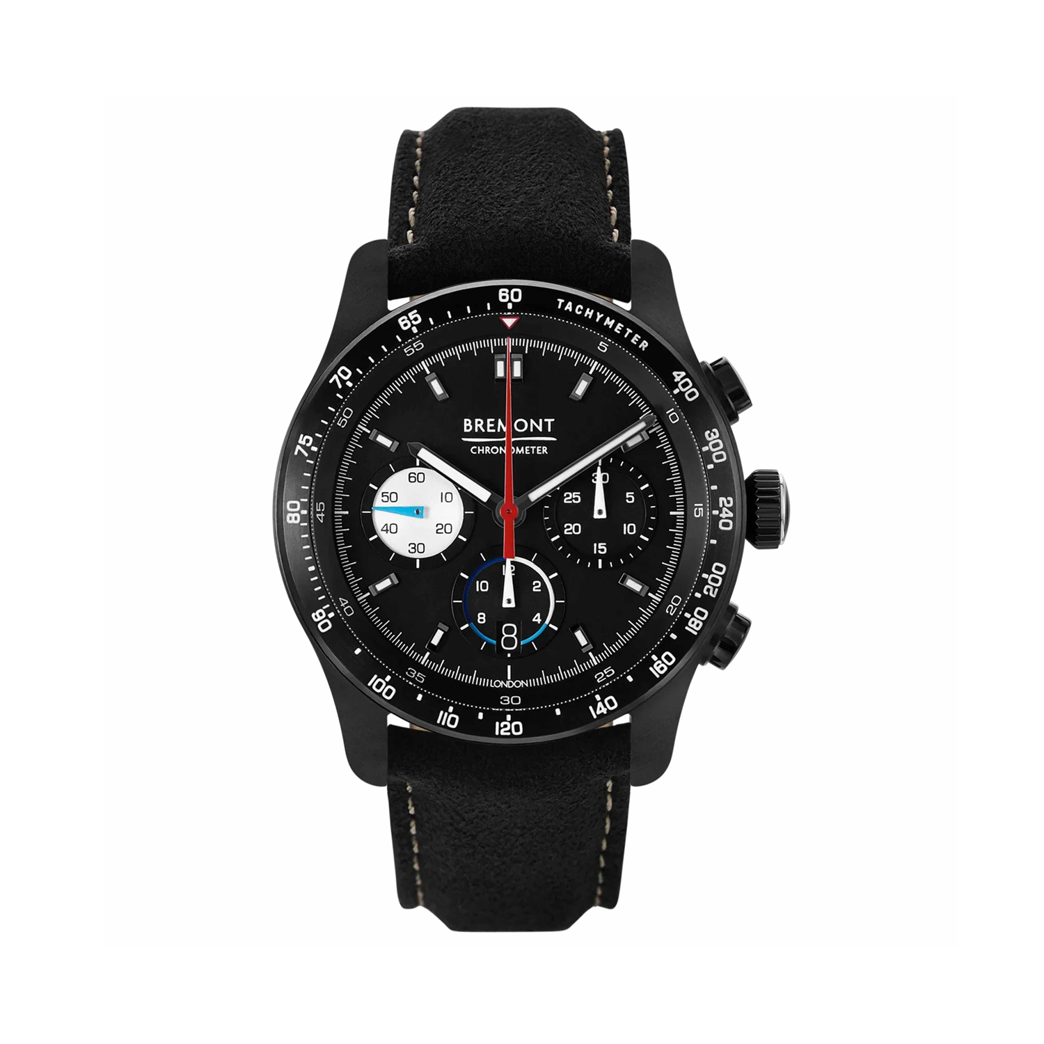 Bremont, WR-45 Williams Racing Limited Edition with a 43mm stainless steel case with a black Alcantara strap featuring a date function, chronograph with a black dial and bezel.