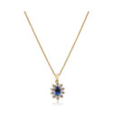 An 18ct yellow gold oval shaped sapphire and diamond set pendant and chain.