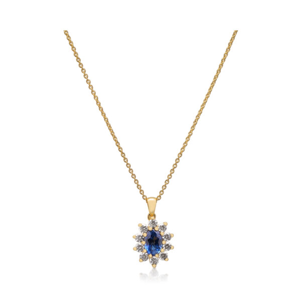 An 18ct yellow gold oval shaped sapphire and diamond set pendant and chain.