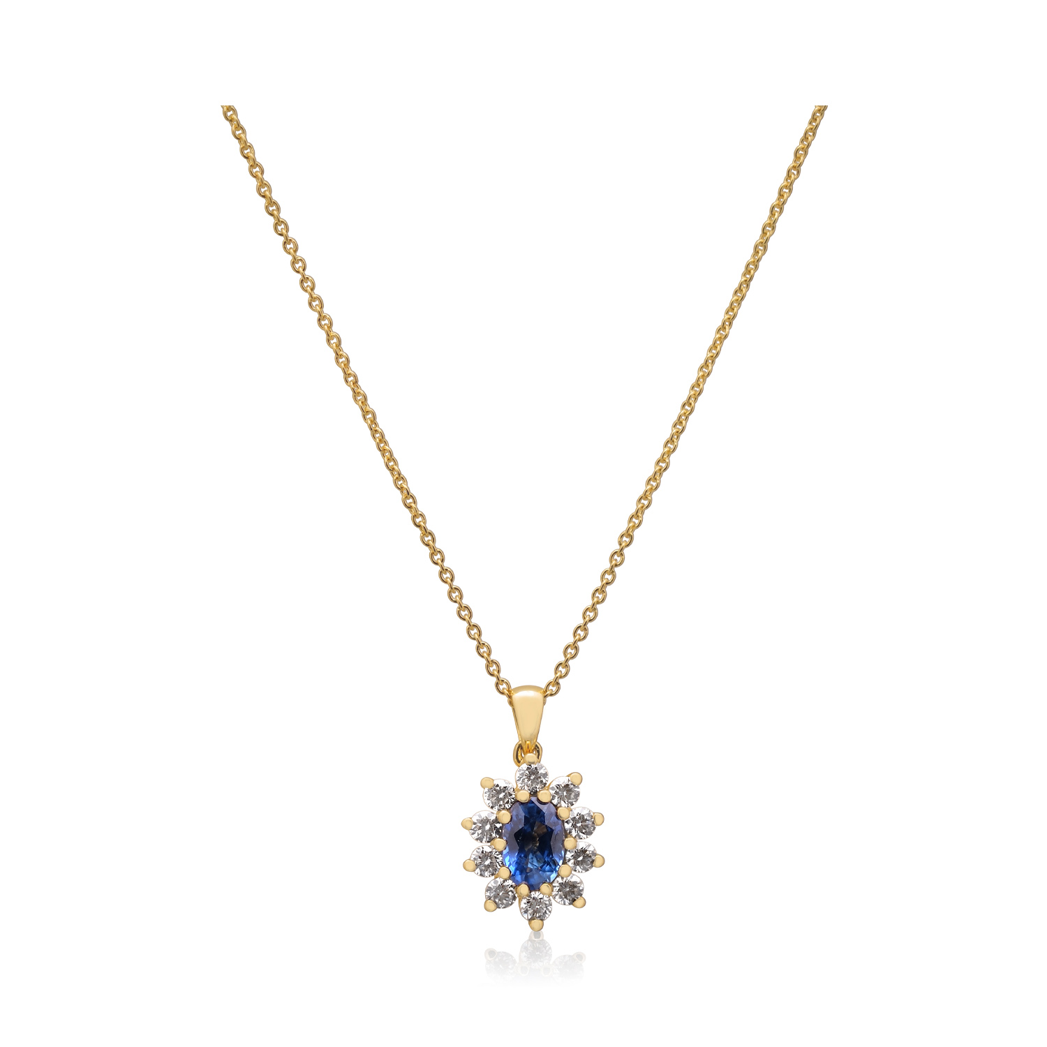 An 18ct yellow gold oval shaped sapphire and diamond set pendant and chain.