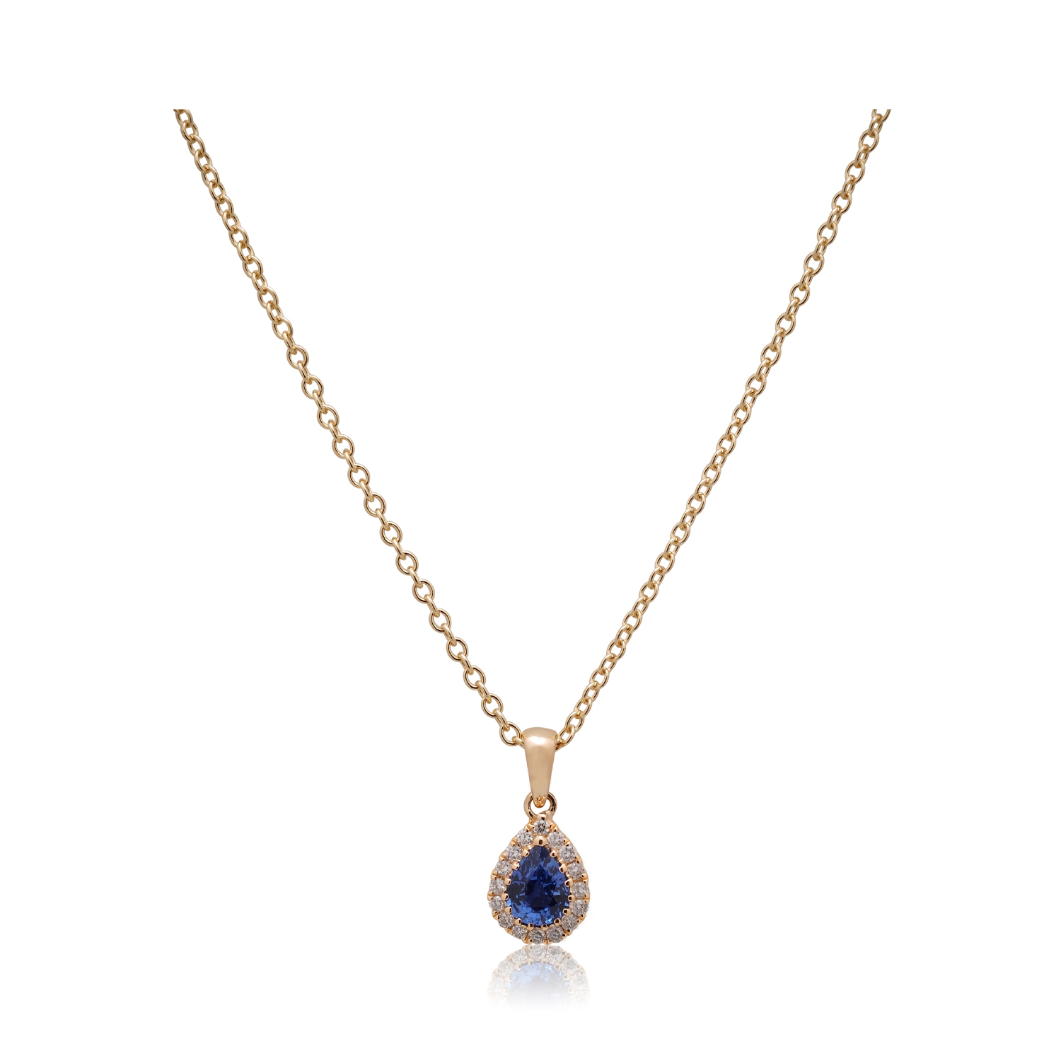 An 18ct yellow gold pear shaped sapphire and diamond cluster pendant and chain.