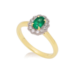 An 18ct yellow and white gold oval shaped emerald and diamond set flower style cluster ring.