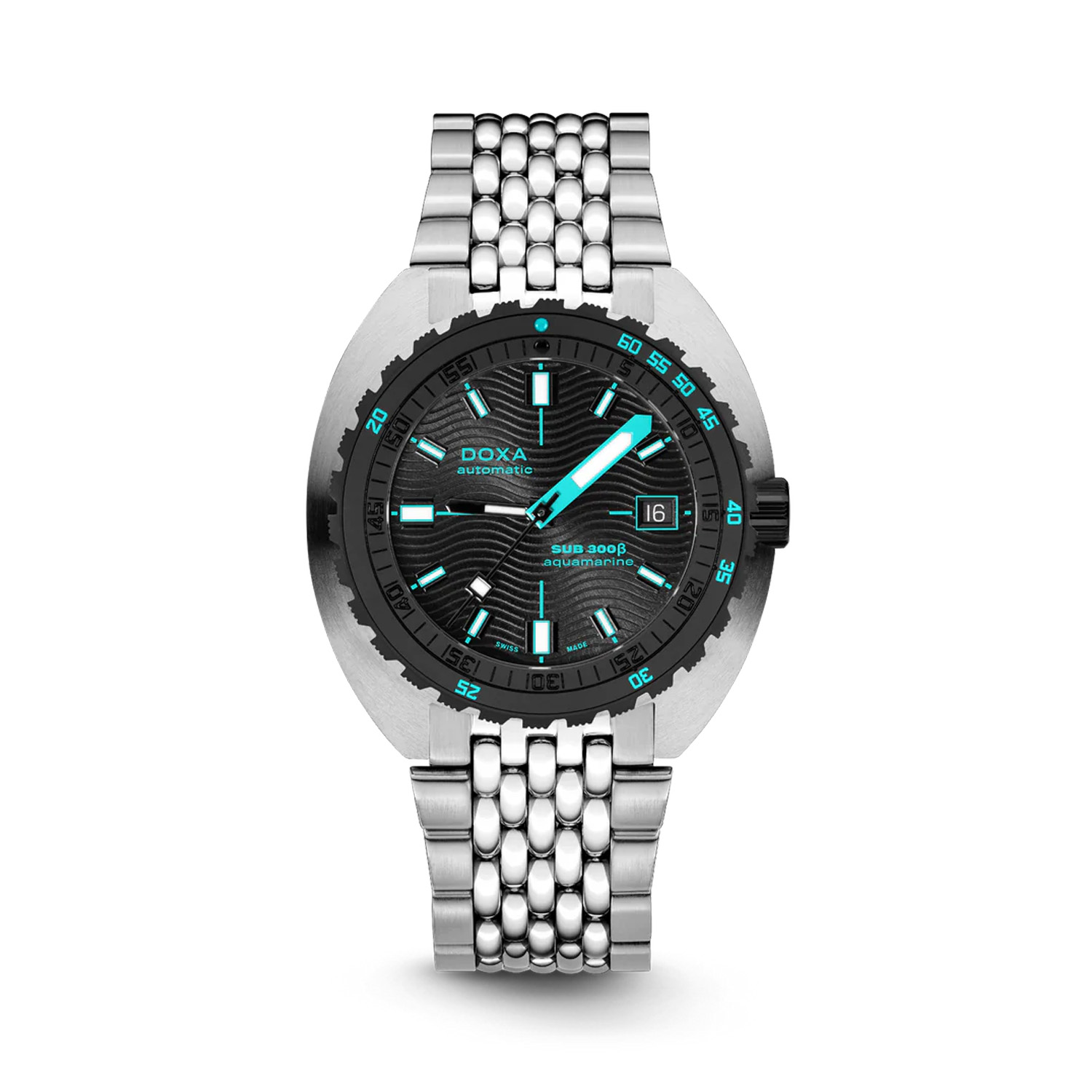 DOXA SUB 300Beta, Aquamarine with a 42.5mm stainless steel case and bracelet strap featuring a black dial and a black and aquamarine ceramic bezel.