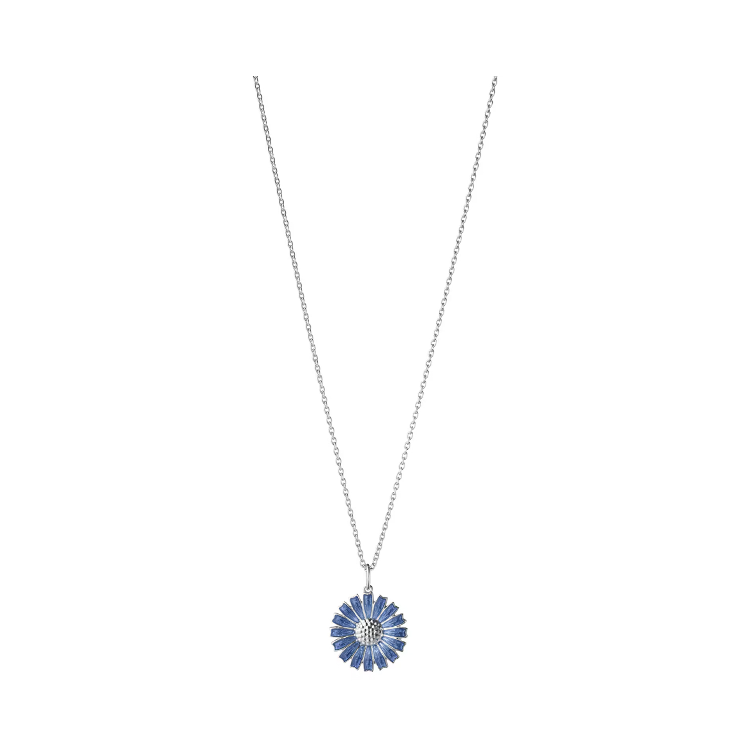 A sterling silver blue enamelled flower pendant and chain from Georg Jensen's Daisy collection.