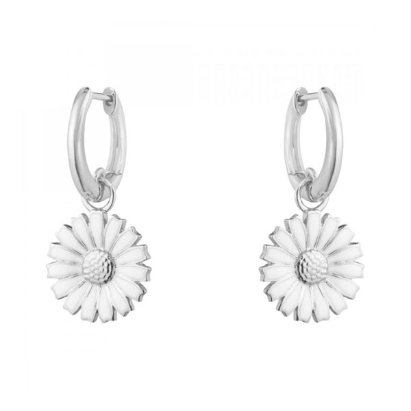 A pair of sterling silver white enamelled flower hoop earrings from Georg Jensen's Daisy collection.