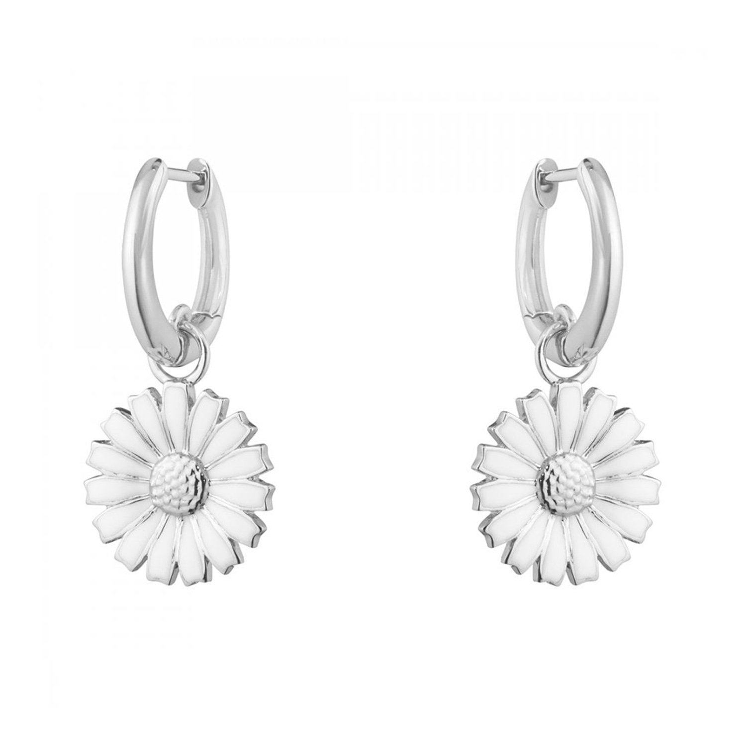 A pair of sterling silver white enamelled flower hoop earrings from Georg Jensen's Daisy collection.