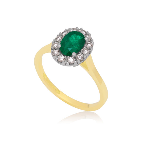 An 18ct gold and platinum oval shaped emerald and diamond cluster ring, containing twelve brilliant cut surrounding diamonds.