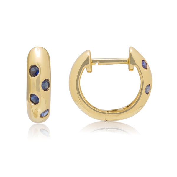 A pair of 18ct yellow gold hoop earrings set with four sapphires on each earring, for pierced ears.